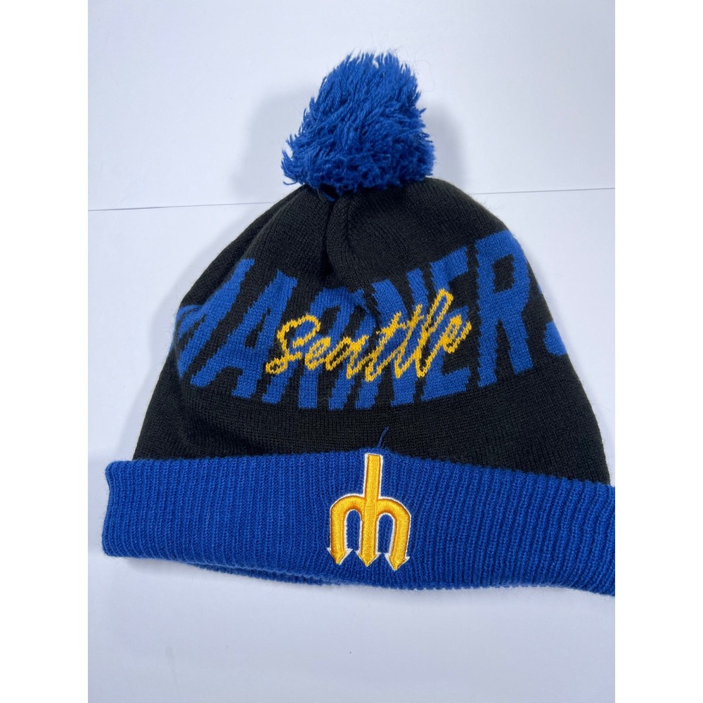 New Era Seattle Mariners Beanie Mens OSFM Black Blue Trident Cooperstown Pom Hat